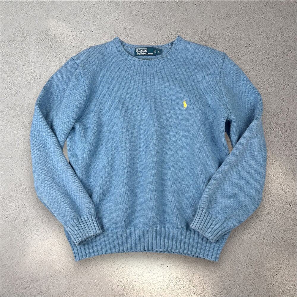 VTG Polo Ralph Lauren Cotton Crewneck Sweater Men's L Light Blue Norm Old Money